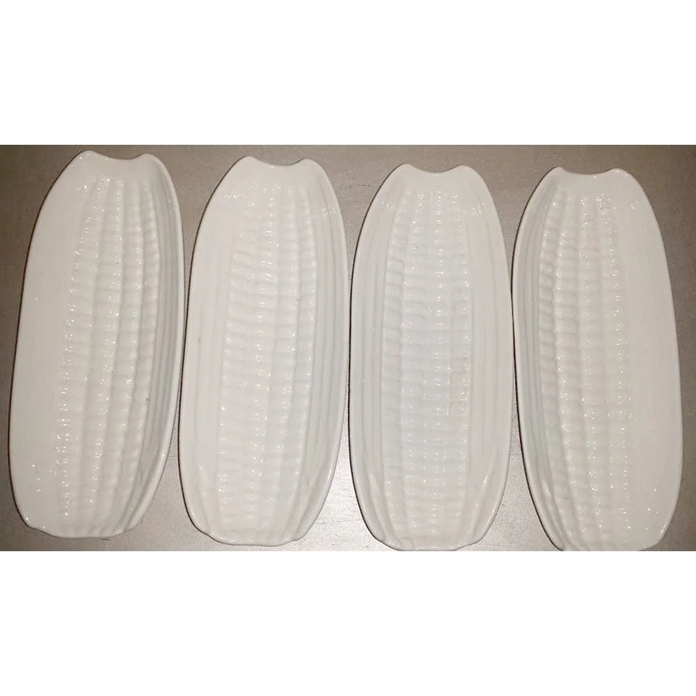 Vintage White Pottery Corn Holder Trays, Set of 4